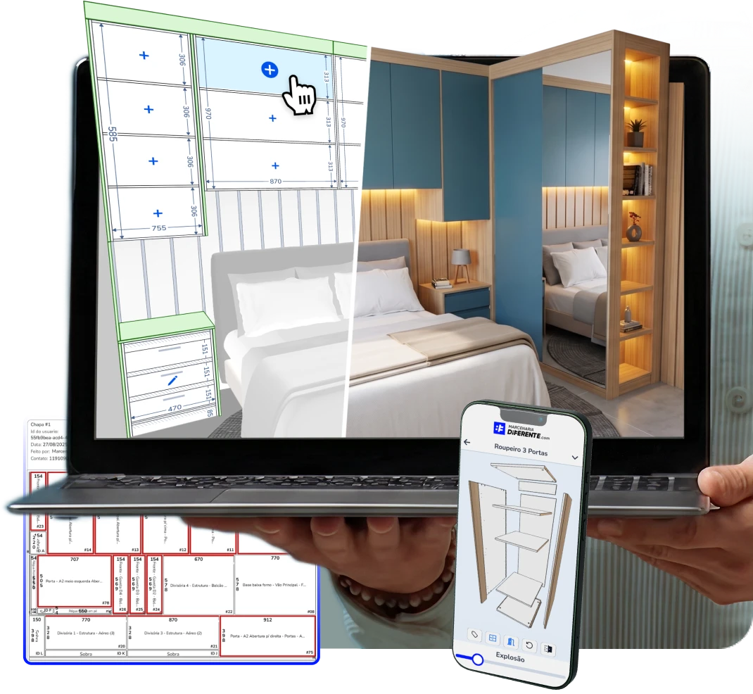 Marcenaria Diferente — projeto 3D no celular